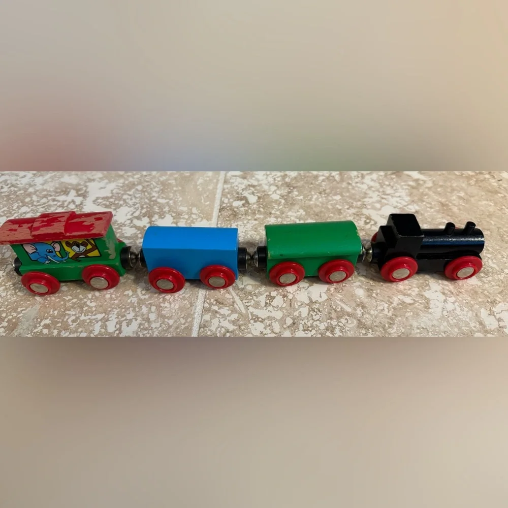 4 wooden train cars (including engine and Brio zoo) compatible w/ Brio &Thomas